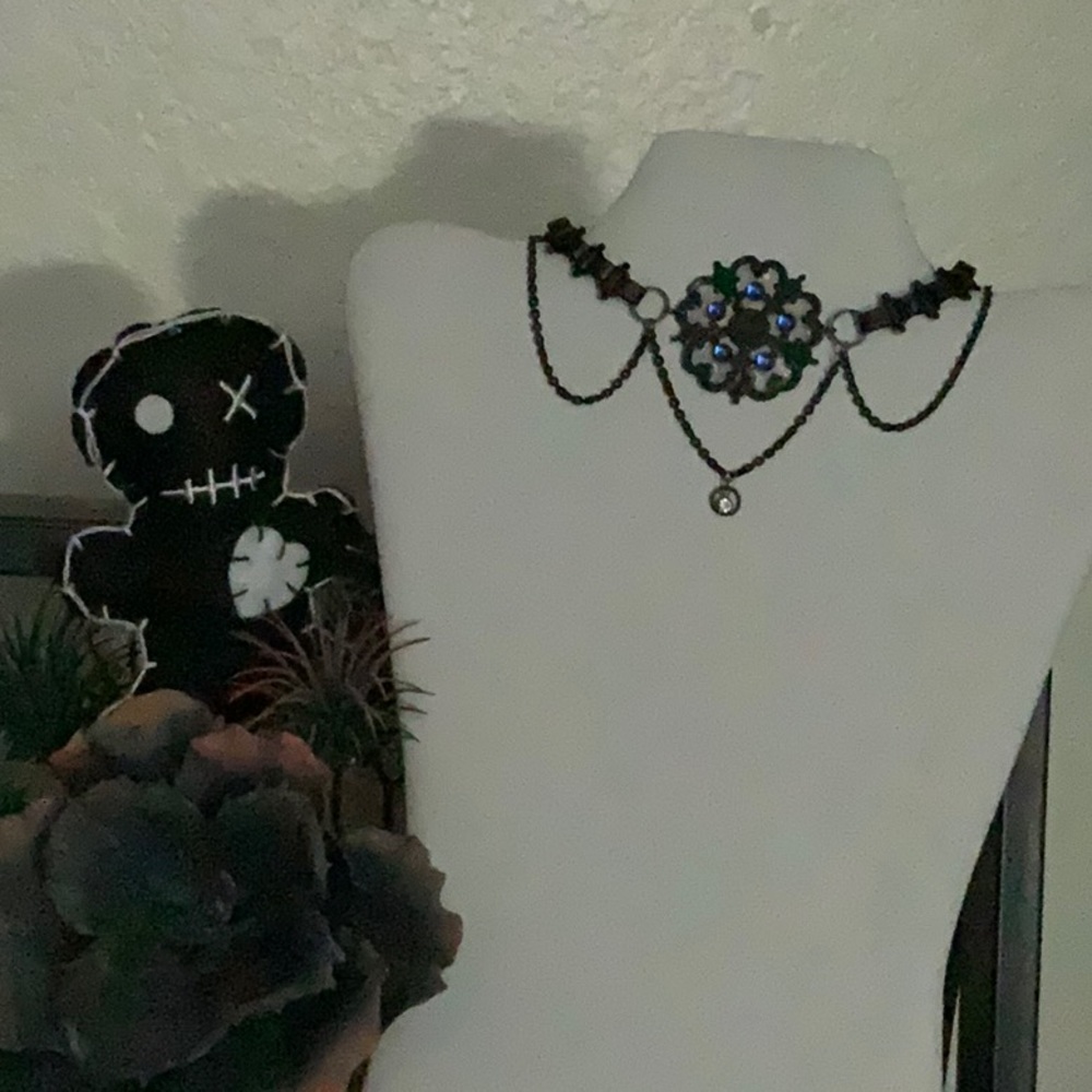 Original Design Noir Bronze Stamping w Floating Stones on Black Bookchain Choker